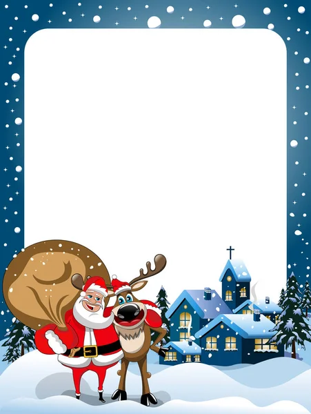 Χριστούγεννα Πλαίσιο Ταράνδους Και Άγιος Βασίλης Αγκάλιασμα Στο Χιόνι Νύχτα — Διανυσματικό Αρχείο