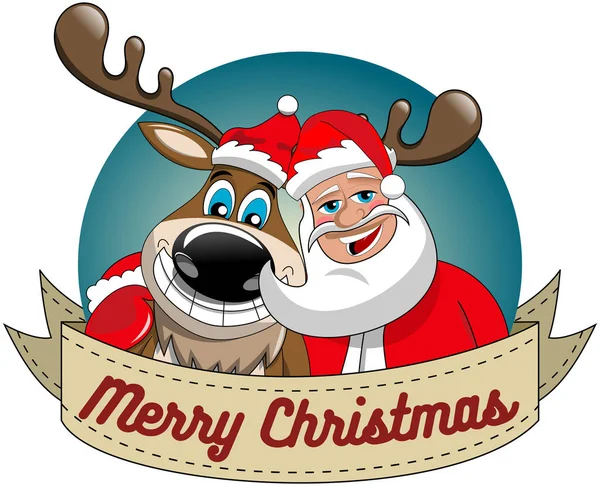 Desenhos Animados Renas Engraçadas Papai Noel Abraçando Desejando Feliz Natal — Vetor de Stock