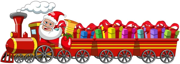 Desenhos Animados Papai Noel Entregando Presentes Condução Locomotiva Vapor Com — Vetor de Stock