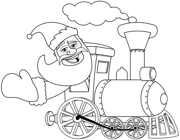 Desenhos Animados Papai Noel Condução Locomotiva Vapor Para Colorir Livro — Vetor de Stock