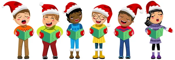 Multicultural Kids Wearing Xmas Hat Singing Christmas Carol Isolated — Stock Vector