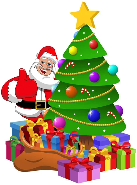 Santa Claus Thumb Xmas Tree Gift Boxes Isolated — Stock Vector