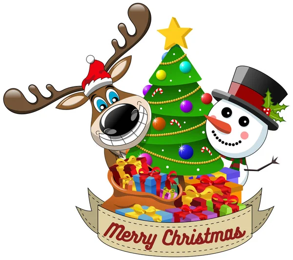 Desenhos Animados Renas Engraçadas Boneco Neve Desejando Feliz Natal Atrás — Vetor de Stock