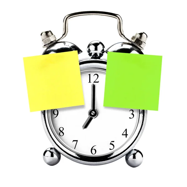 Blank Postit Yellow Green Vintage Clock Alarm Isolated White — Stock Photo, Image
