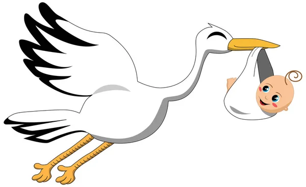 Cigogne Volante Accouchant Bébé Isolé Sur Blanc — Image vectorielle