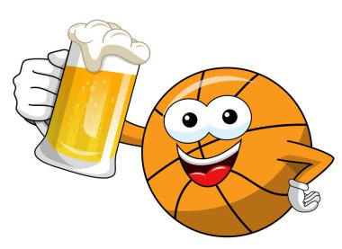 basketbol topu karikatür komik karakter kupa bira kutlama üzerinde beyaz izole