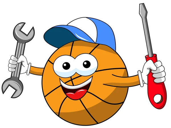 Basketball Ball Cartoon Funny Character Plumber Tools Fixing Isolated White — Stock Vector