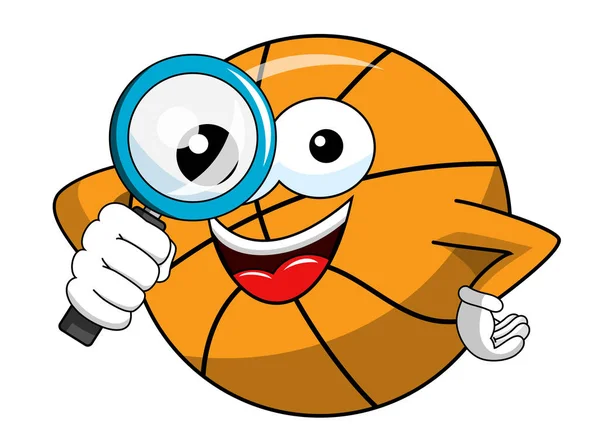 Мультфильм Баскетбольный Мяч Смешной Персонаж Увеличительный Объектив Изолирован Белом — стоковый вектор