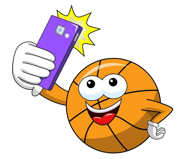 Balle Basket Dessin Animé Personnage Drôle Selfie Shot Smartphone Isolé — Image vectorielle