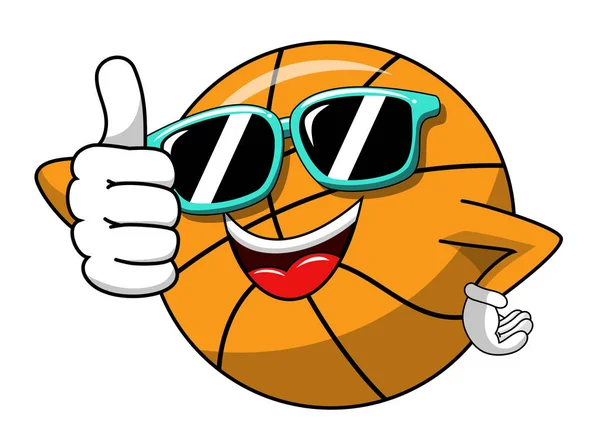 Ballon Basket Dessin Animé Personnage Drôle Lunettes Soleil Cool Pouce — Image vectorielle