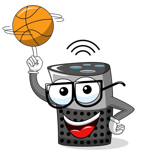Smart Speaker Cartoon Funny Character Spinning Basketball Isolated White — Stock Vector
