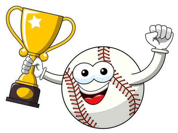 Baseballfigur Maskottchen Karikatur Jubelt Sieger Cup Vektor Isoliert Auf Weiß — Stockvektor
