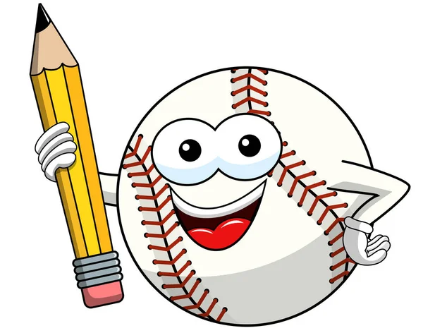 Palla Baseball Personaggio Mascotte Cartone Animato Vettore Che Tiene Matita — Vettoriale Stock
