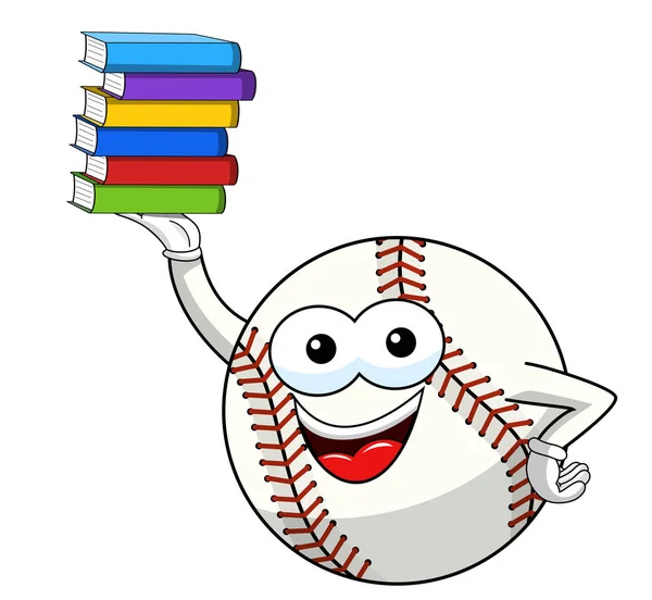 Bola Beisebol Personagem Mascote Cartoon Pilha Livros Vetor Isolado Branco — Vetor de Stock
