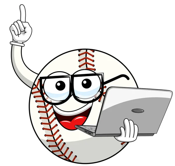 Honkbal Bal Karakter Mascotte Cartoon Nerd Laptop Vector Geïsoleerd Wit — Stockvector