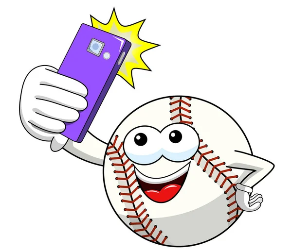 Baseball Personagem Mascote Cartoon Vector Tomando Selfie Tiro Smartphone Isolado — Vetor de Stock