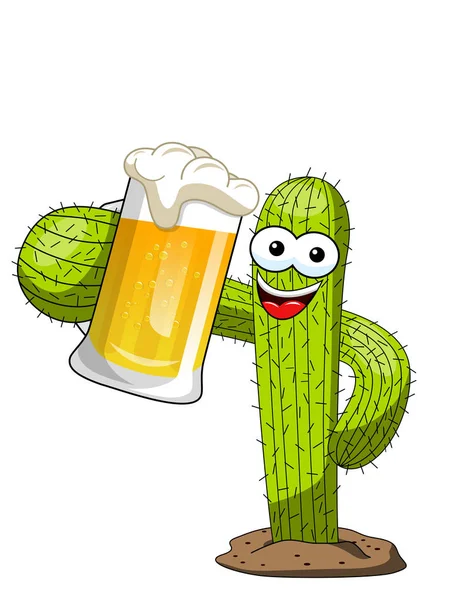 Cactus Personaggio Mascotte Cartone Animato Vettore Boccale Birra Isolato Bianco — Vettoriale Stock
