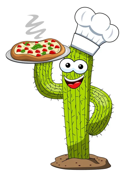 Kaktus Charakter Maskottchen Cartoon Koch Pizza Vektor Isoliert Auf Weiß — Stockvektor