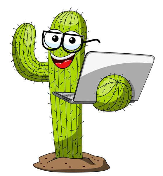 Kaktus Charakter Maskottchen Cartoon Nerd Laptop Vektor Isoliert Auf Weiß — Stockvektor