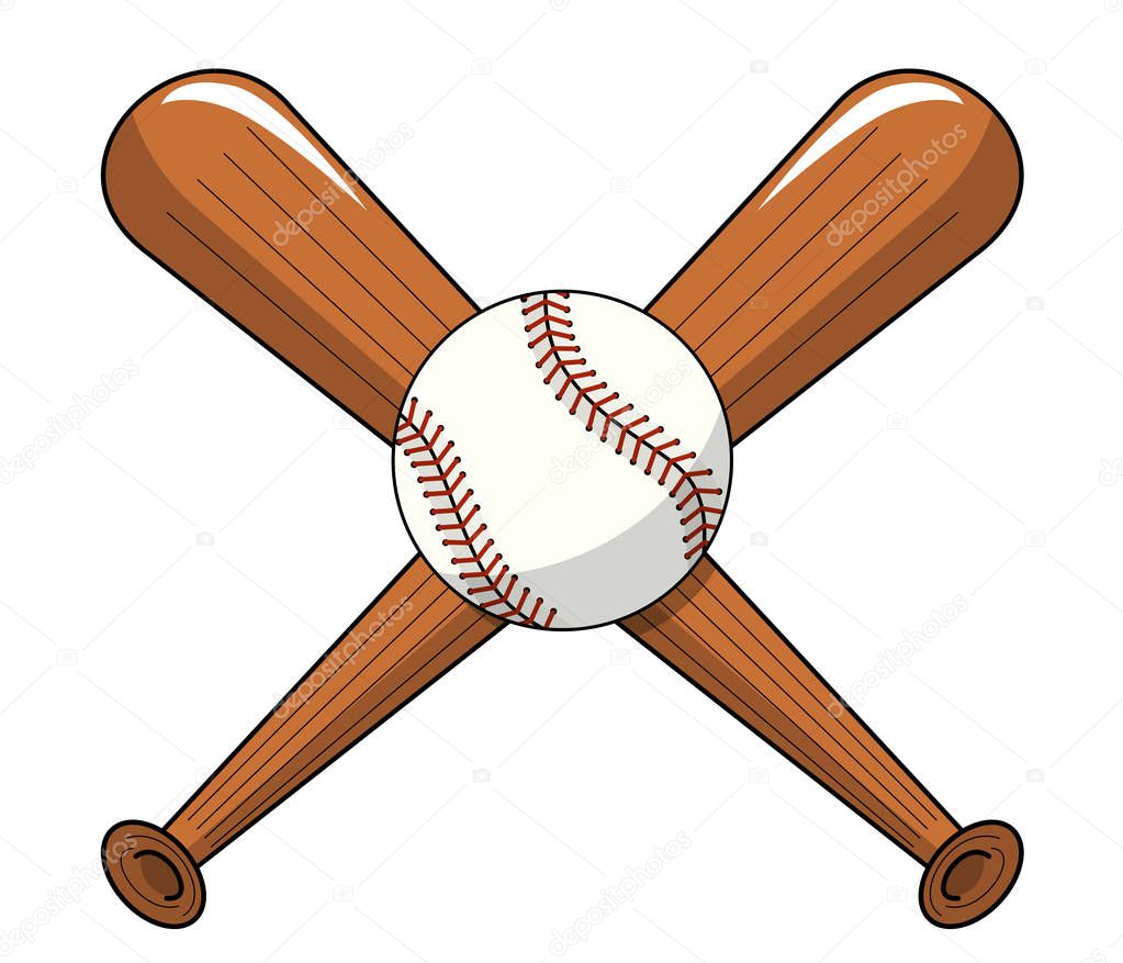 baseball ball crossed wooden bats logo cartoon vector isolated on white