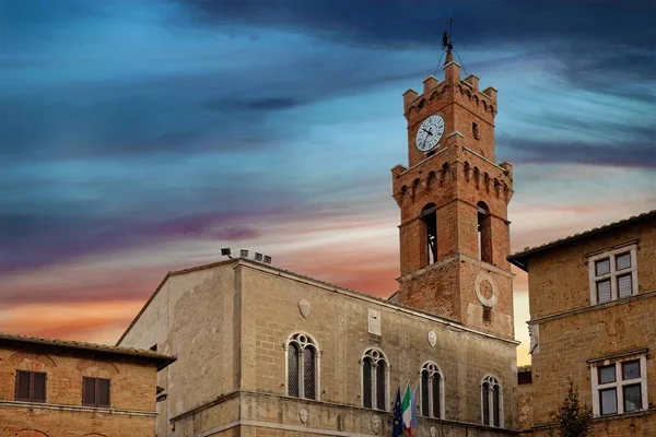 Башта Дзвоника Ратуша Піенца Тоскані Італія Заходом Або Сходом Сонця — стокове фото