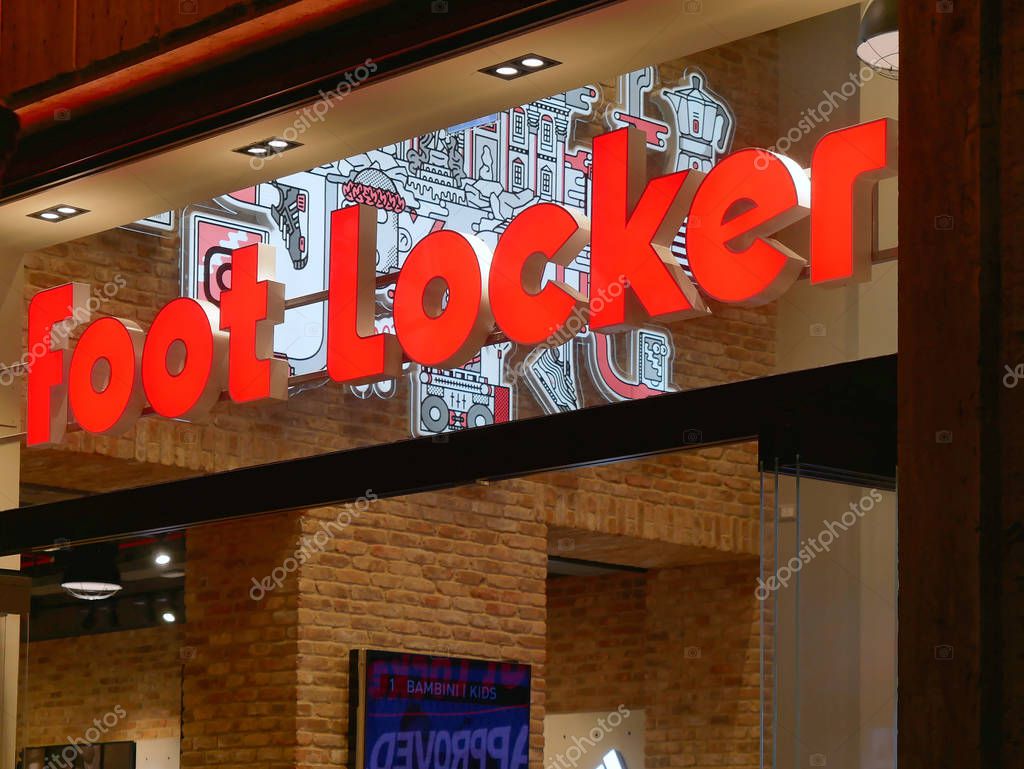 Rome, Italy - Jan 2018: Foot locker sign shop in dowtown