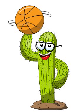 Kaktüs karikatür komik karakter vektör basketbol topu parmak üzerinde beyaz izole