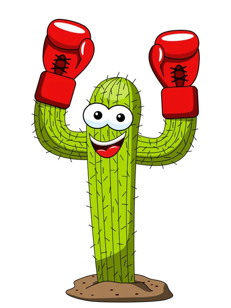 Cactus Cartoon Grappig Karakter Vector Winnaar Bokser Handschoenen Geïsoleerd Wit — Stockvector