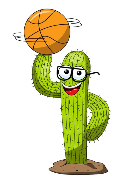 Cactus Desenho Animado Engraçado Personagem Vetor Bola Basquete Dedo Isolado — Vetor de Stock