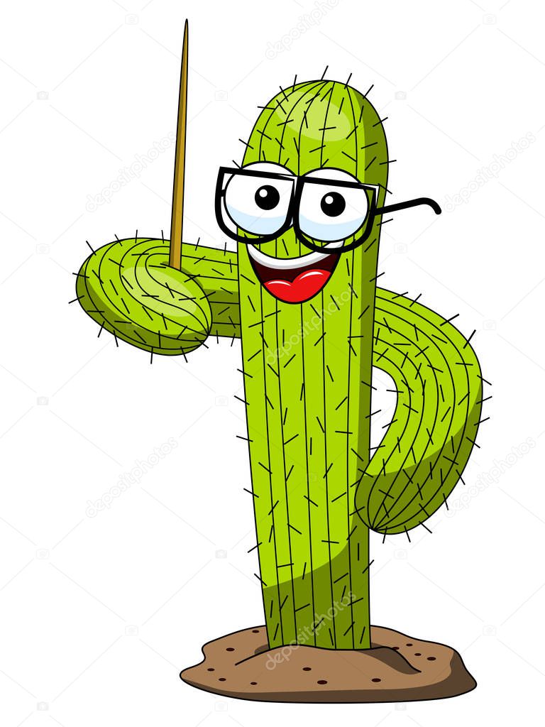 Cactus cartoon funny character vector teacher stick nerd isolated on white
