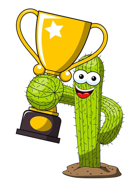 Cactus Cartoon Grappig Karakter Vector Winnaar Cup Trofee Geïsoleerd Wit — Stockvector