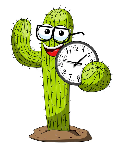 Kaktus Cartoon Lustige Charakter Vektor Nerd Halten Uhr Isoliert Auf — Stockvektor