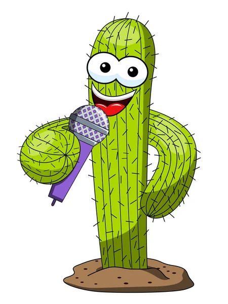 Cactus Cartoon Grappig Karakter Vector Microfoon Spreker Zingen Geïsoleerd Wit — Stockvector