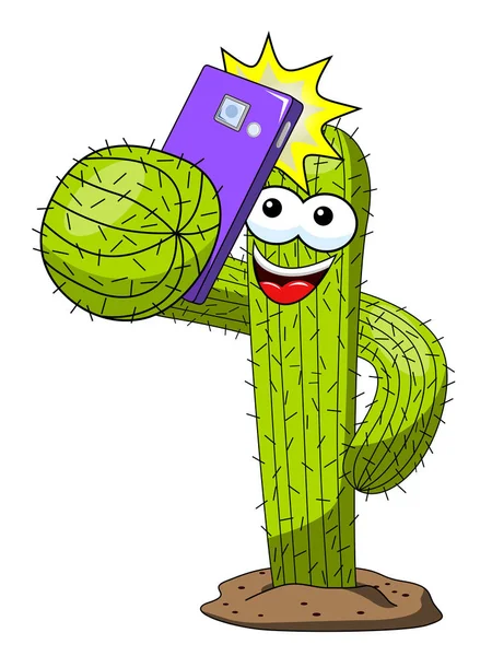 Kaktusz Képregény Vicces Karakter Vektor Smartphone Selfie Álló Elszigetelt Fehér — Stock Vector