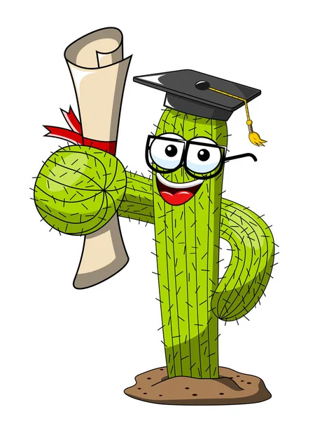 Kaktus Kreslený Legrační Charakter Vektor Absolvoval Studijní Úspěch Izolované Bílém — Stockový vektor
