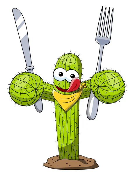 Grappige Stripfiguur Cactus Vector Honger Eten Vork Mes Geïsoleerd Wit — Stockvector