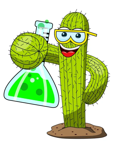 Cactus Dessin Animé Personnage Drôle Chimiste Scientifique Expérience Laboratoire Isolé — Image vectorielle