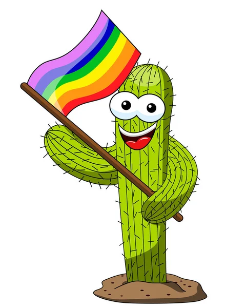 Cactus Cartoon Grappig Karakter Aanhanger Vrede Regenboogvlag Wit Wordt Geïsoleerd — Stockvector