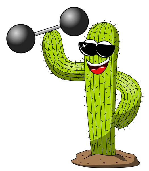 Cactus Cartoon Grappig Karakter Cool Gewichtheffer Macht Geïsoleerd Wit — Stockvector