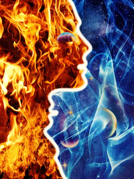 Siluet profil portre adam kadın ruhlar eşleşen Birliği iki farklı ve dünya alev ve buz karşısında mükemmel.