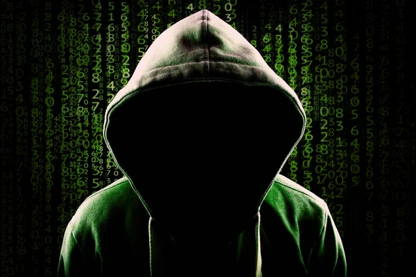 Dator Hacker. Fogelander hooded anonym mot programmering kod bakgrund — Stockfoto