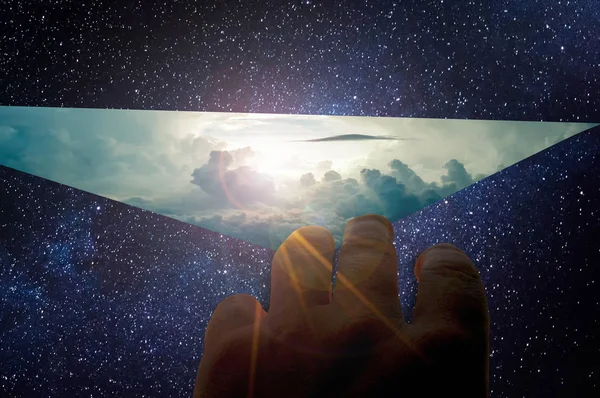 Hand opening space discovering heaven — Stock Photo, Image