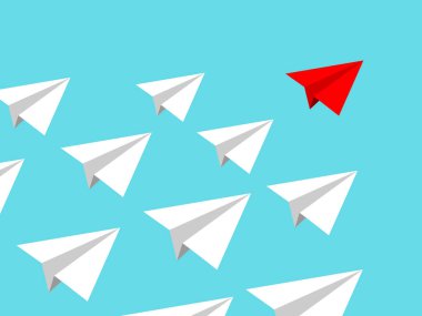 Kağıt Uçak takım üzerinde mavi berrak gökyüzü izole kırmızı lider iletken misyonu ile. Teamworking kavramı