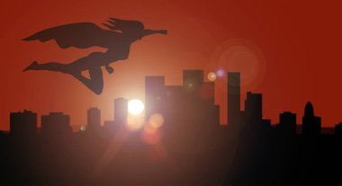 Superhero woman silhouette side view flying over city at sunset or sunrise overwatching for security and defense the city from crime clipart