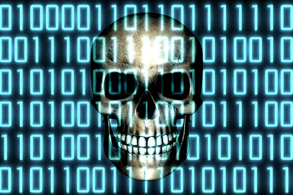 Mänsklig skalle bakom binär digital kod programvara. Malware Virus Cyber hot koncept — Stockfoto