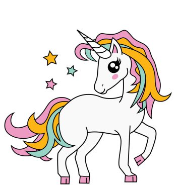 Sevimli küçük Magic Unicorn beyaz, vektör illüstrasyon izole. Masal karakteri. Fantezi çizgi film karakteri. Hayvanlar ve efsanevi yaratıklar.