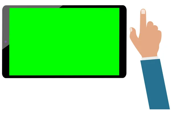 Tablet tela verde do computador e mão empresário isolado. Preparado para ser animado —  Vetores de Stock
