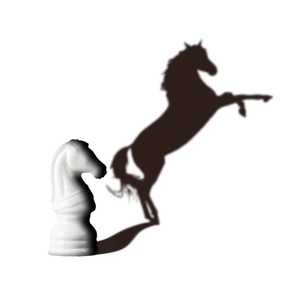 Caballo de ajedrez con sombra como un caballo salvaje sobre blanco. Concepto de potencialidad de visión —  Fotos de Stock