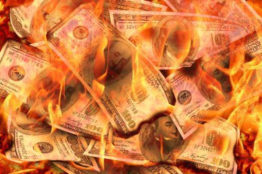 Dolar Banknotlar veya Amerika Birleşik Devletleri dolar banknotları kriz, kayıp, durgunluk veya başarısızlık alev kavramı yanan