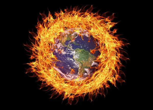 Earth Planet burning surronded by flames. Climate change or environment pollution concept